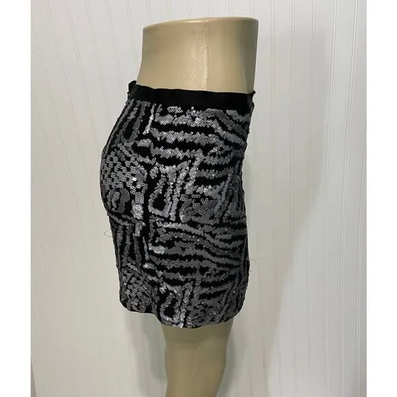 Theory Silk Mini Sequin Skirt Black Silver Size 2