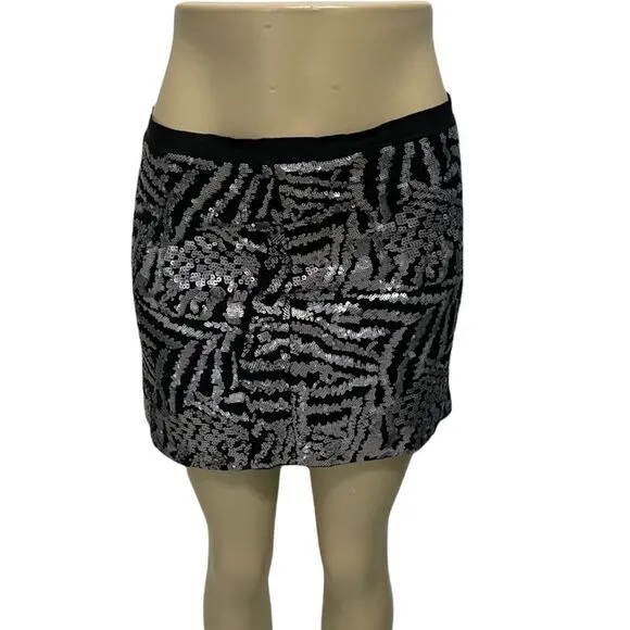 Theory Silk Mini Sequin Skirt Black Silver Size 2