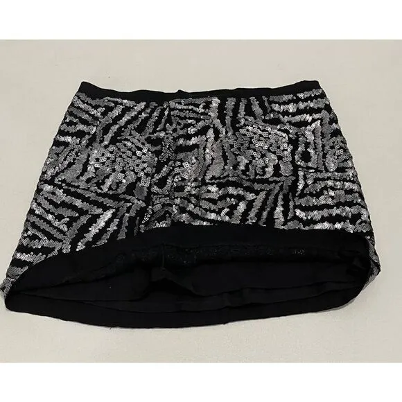 Theory Silk Mini Sequin Skirt Black Silver Size 2