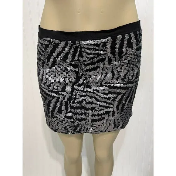 Theory Silk Mini Sequin Skirt Black Silver Size 2