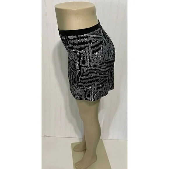 Theory Silk Mini Sequin Skirt Black Silver Size 2