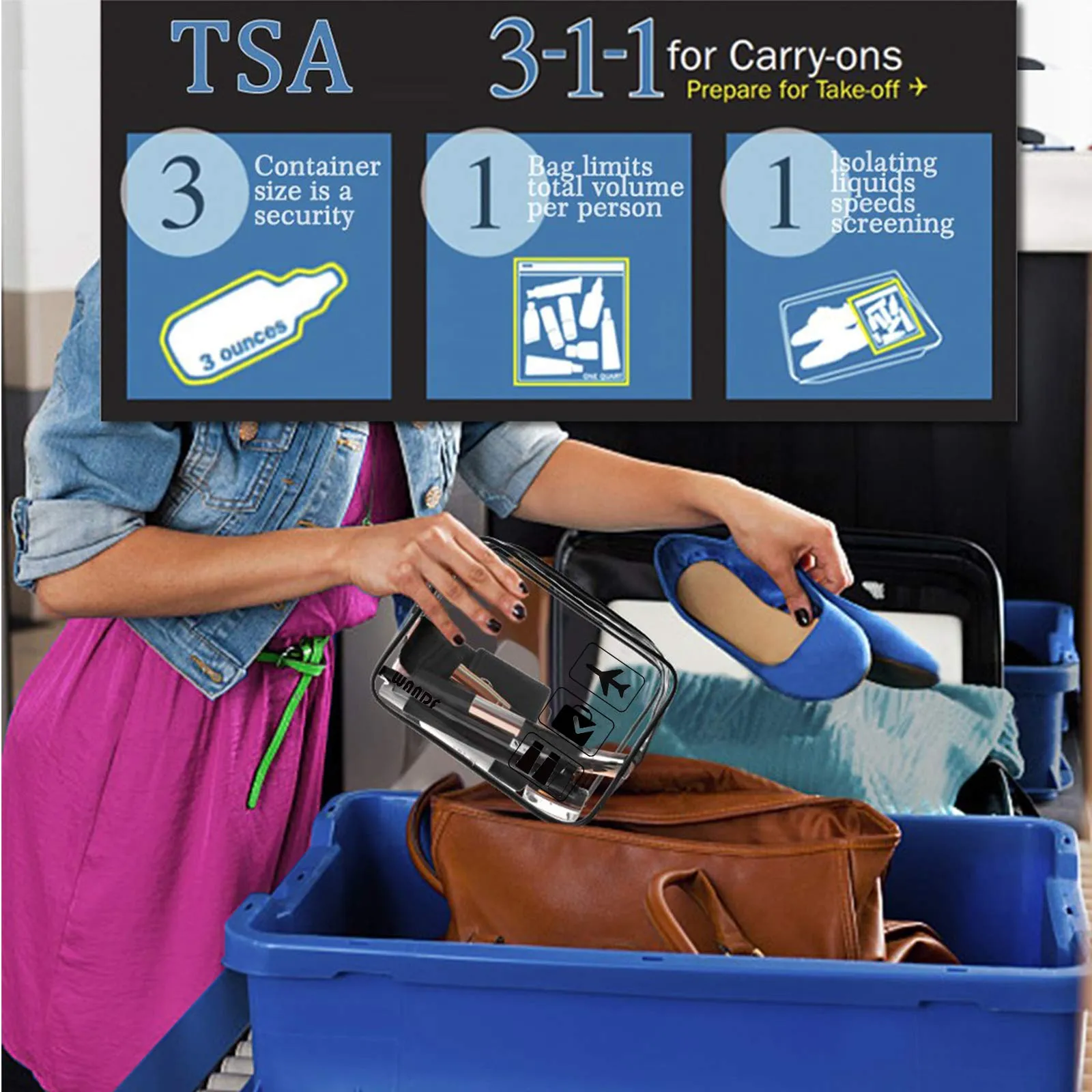 TSA Approved Clear Travel Toiletry Bag wih Zippers Carry-on Travel Accessories Quart Size Toiletries Cosmetic Pouch Makeup Bags for Men and Women (4pcs)