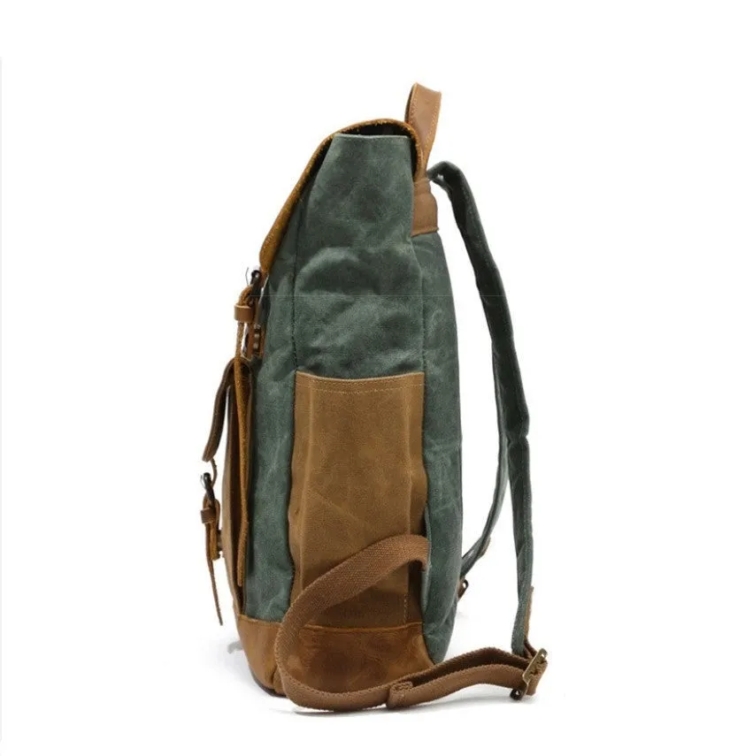 Vintage Two Toned Canvas Backpack with Leather Flap for Men and Women