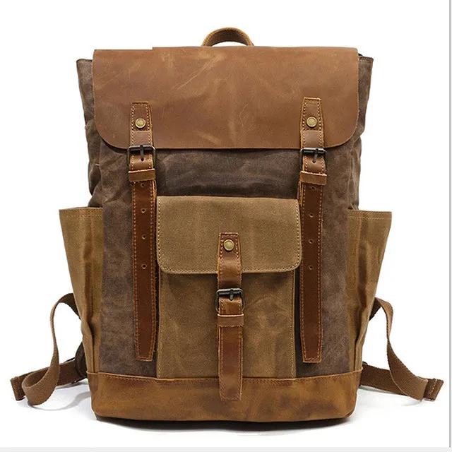 Vintage Two Toned Canvas Backpack with Leather Flap for Men and Women