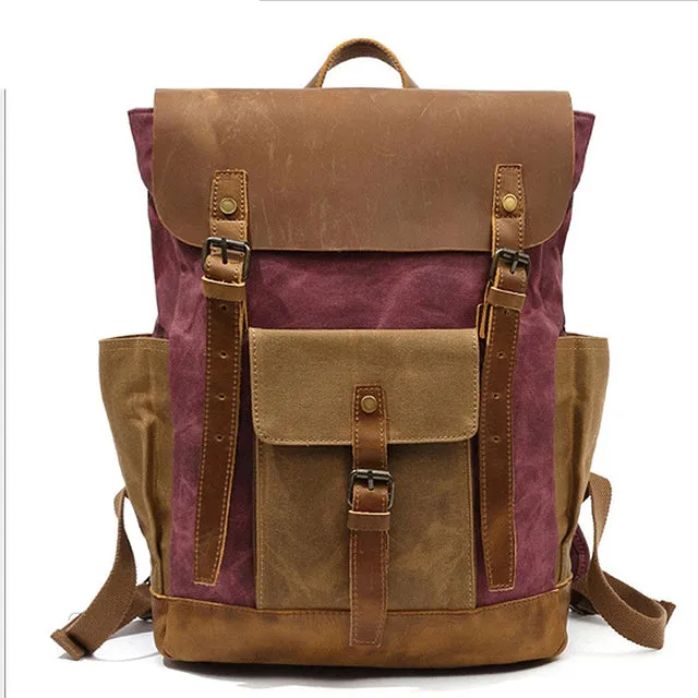 Vintage Two Toned Canvas Backpack with Leather Flap for Men and Women