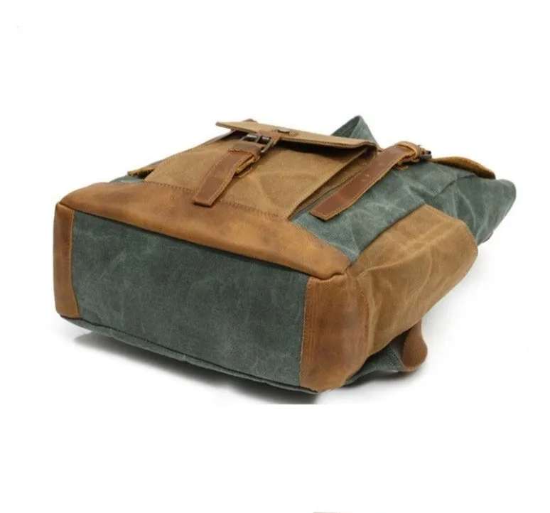 Vintage Two Toned Canvas Backpack with Leather Flap for Men and Women