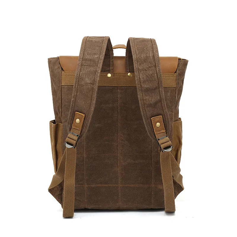 Vintage Two Toned Canvas Backpack with Leather Flap for Men and Women