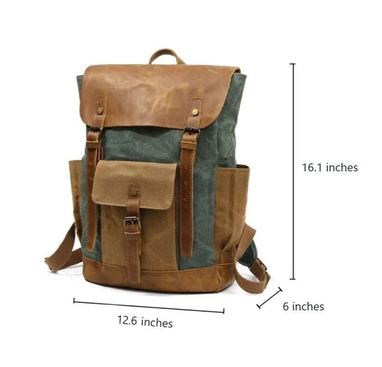 Vintage Two Toned Canvas Backpack with Leather Flap for Men and Women