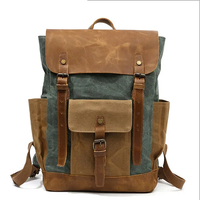 Vintage Two Toned Canvas Backpack with Leather Flap for Men and Women
