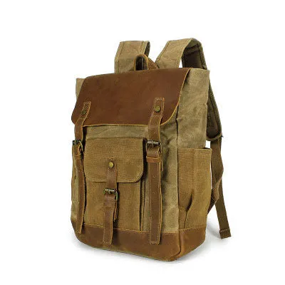 Vintage Two Toned Canvas Backpack with Leather Flap for Men and Women