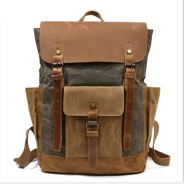 Vintage Two Toned Canvas Backpack with Leather Flap for Men and Women