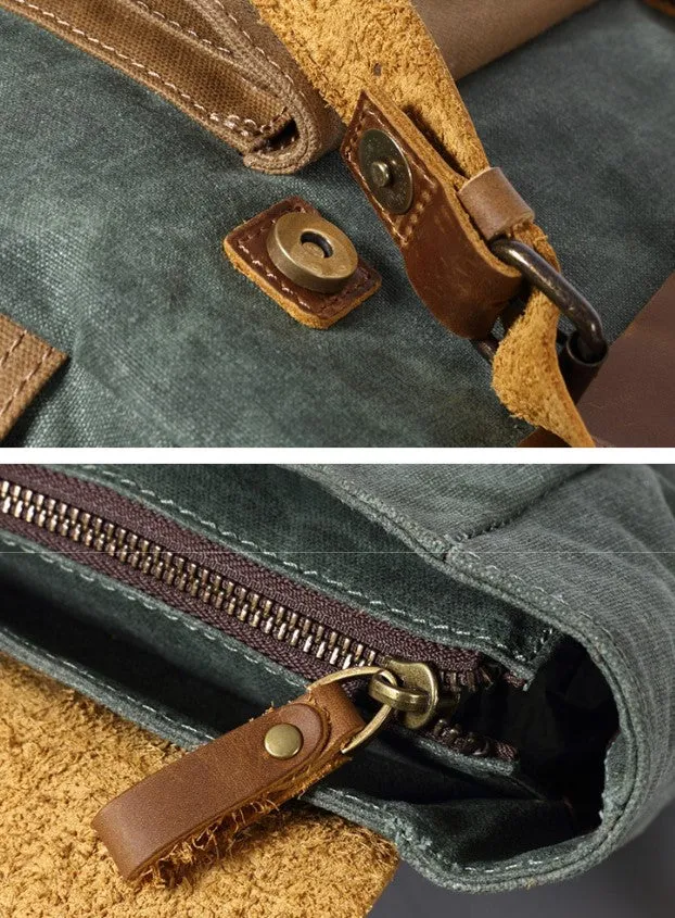 Vintage Two Toned Canvas Backpack with Leather Flap for Men and Women