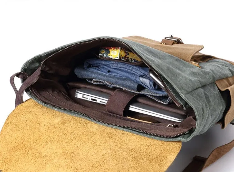 Vintage Two Toned Canvas Backpack with Leather Flap for Men and Women