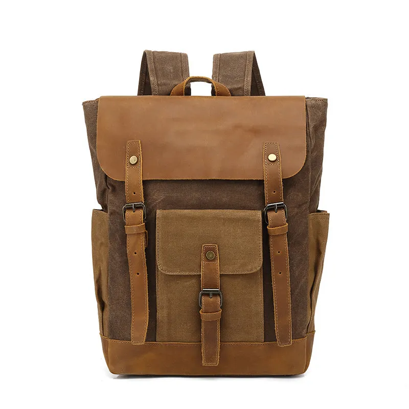 Vintage Two Toned Canvas Backpack with Leather Flap for Men and Women