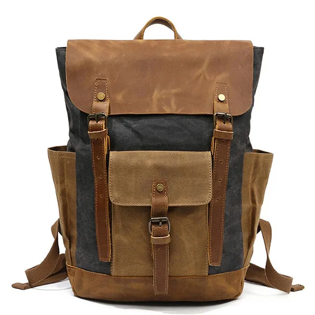 Vintage Two Toned Canvas Backpack with Leather Flap for Men and Women