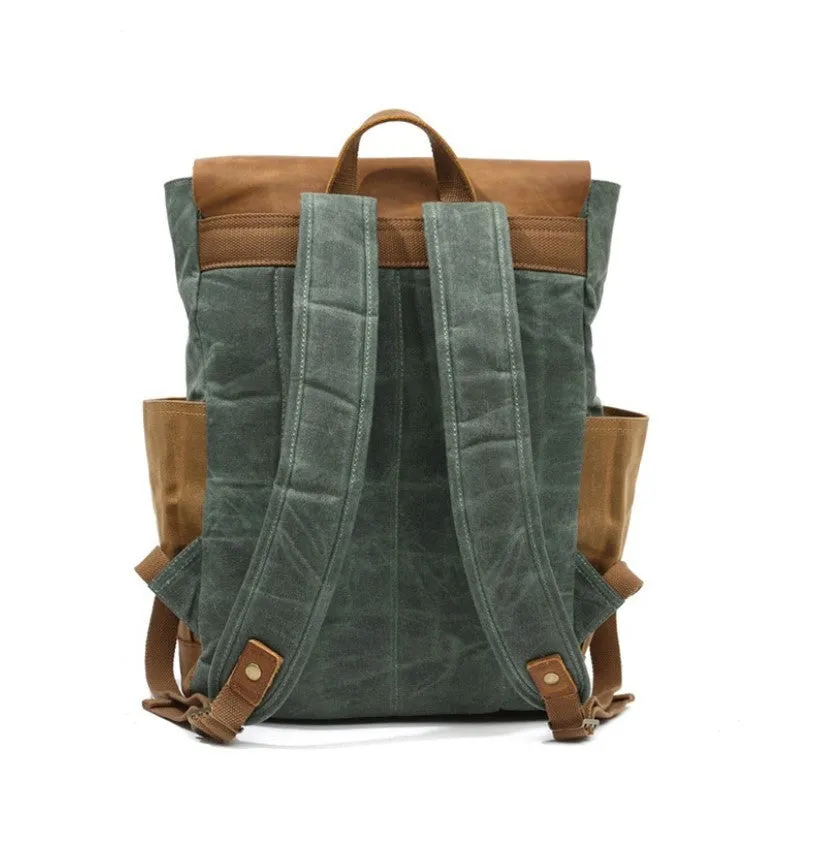 Vintage Two Toned Canvas Backpack with Leather Flap for Men and Women