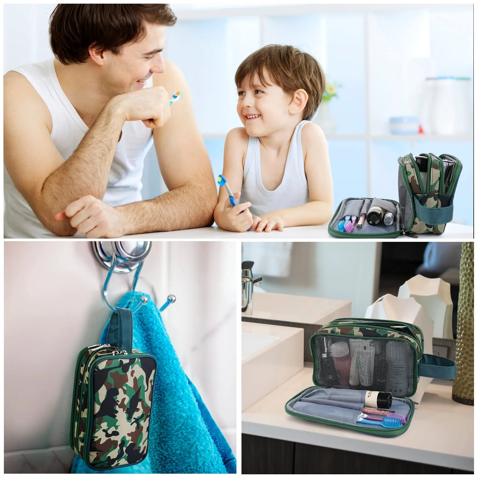 Vipdeal Kids Toiletry Bag for Boys, Travel Toiletry Bag for Little Young Boys Waterproof Hanging Wash Bag Toddler Traveling Toiletries, Dinosaur Camo