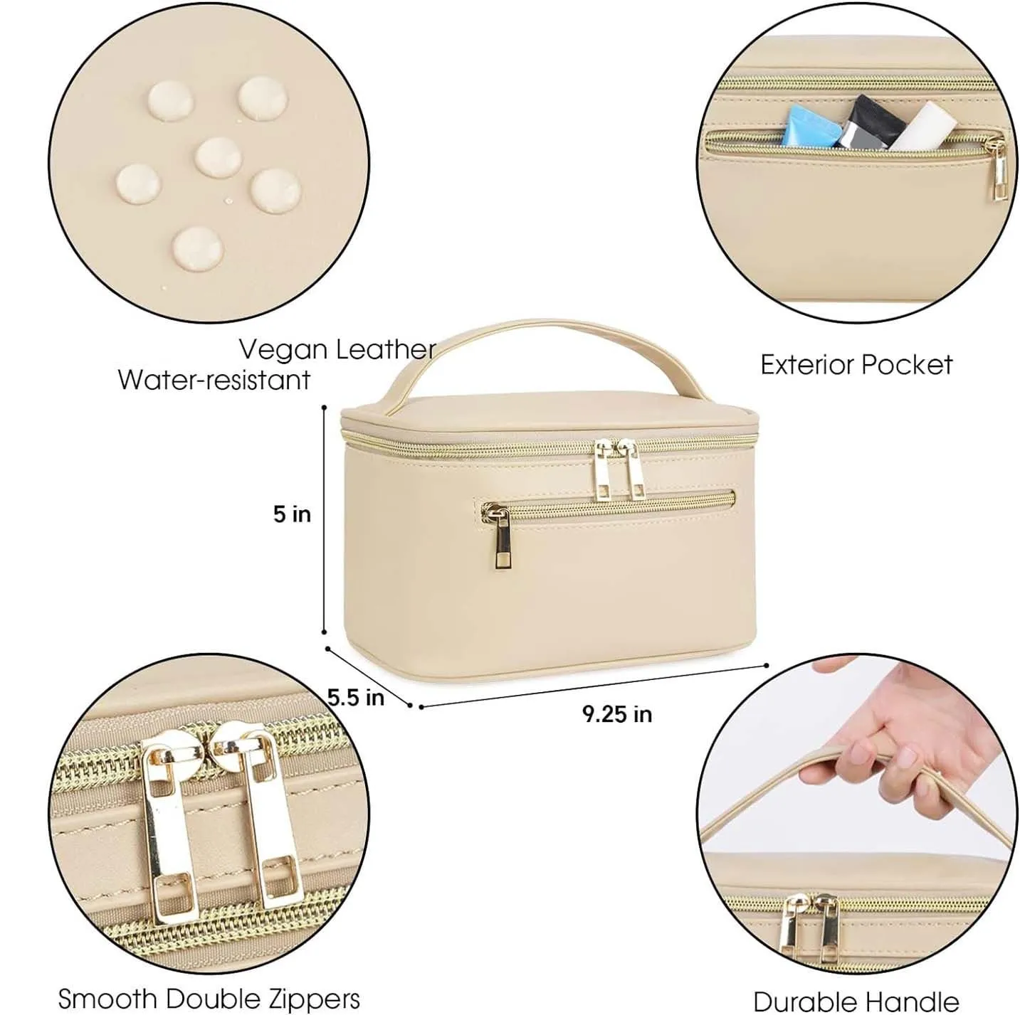 Wandering Nature Makeup Bag, Travel Make Up Organizer Cosmetic Brush Bags Case for Women in Vegan Leather, Beige,Patent Pending
