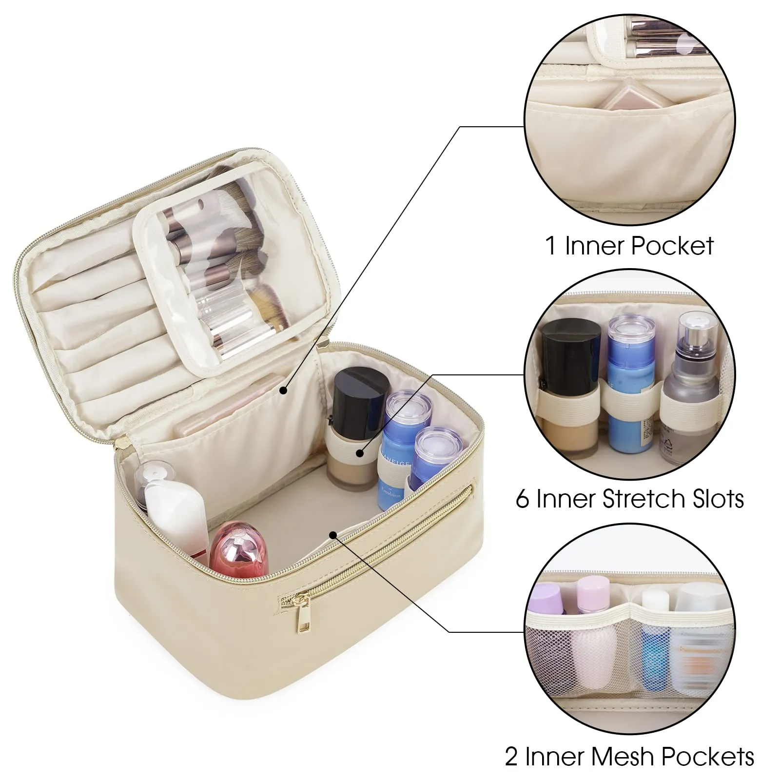 Wandering Nature Makeup Bag, Travel Make Up Organizer Cosmetic Brush Bags Case for Women in Vegan Leather, Beige,Patent Pending