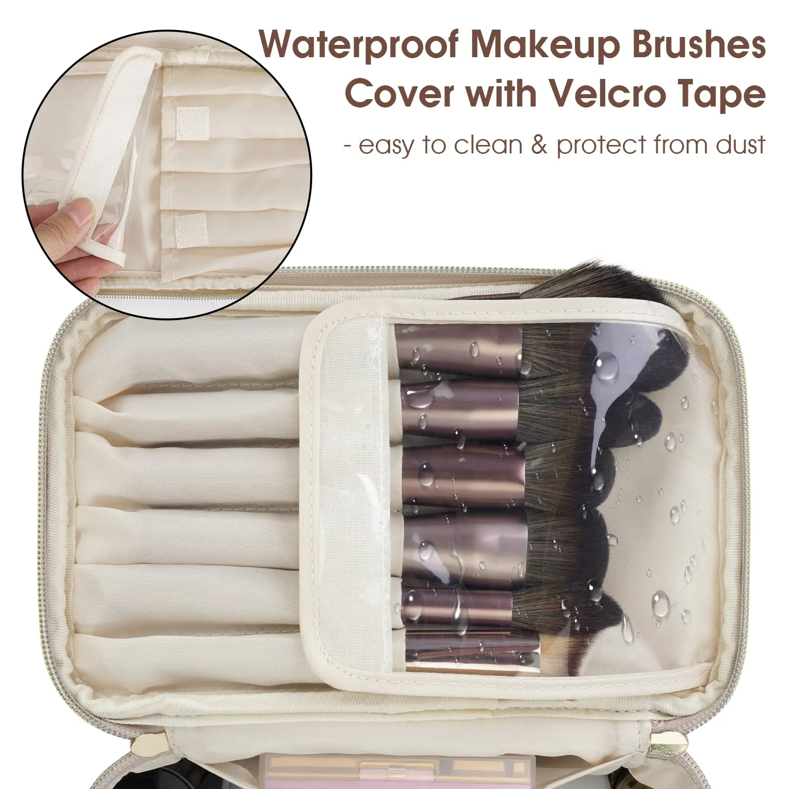 Wandering Nature Makeup Bag, Travel Make Up Organizer Cosmetic Brush Bags Case for Women in Vegan Leather, Beige,Patent Pending