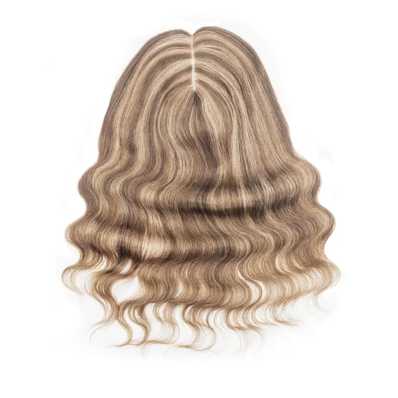 Wavy Human Hair Topper Caramel Highlights 13*15cm Silk Base