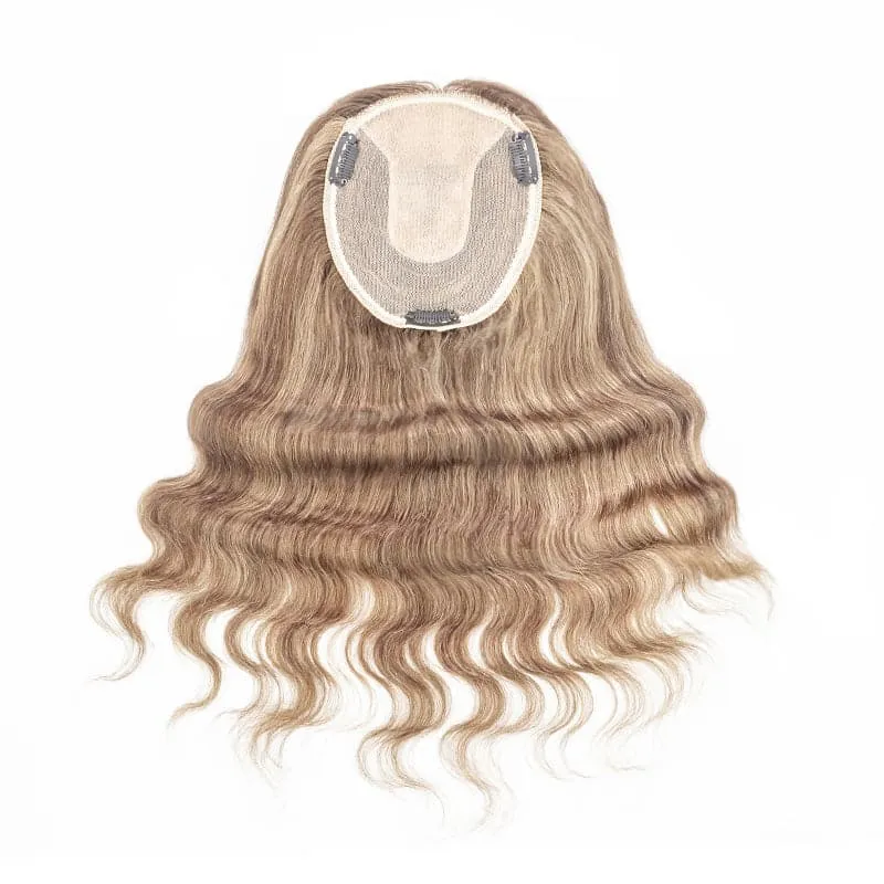 Wavy Human Hair Topper Caramel Highlights 13*15cm Silk Base
