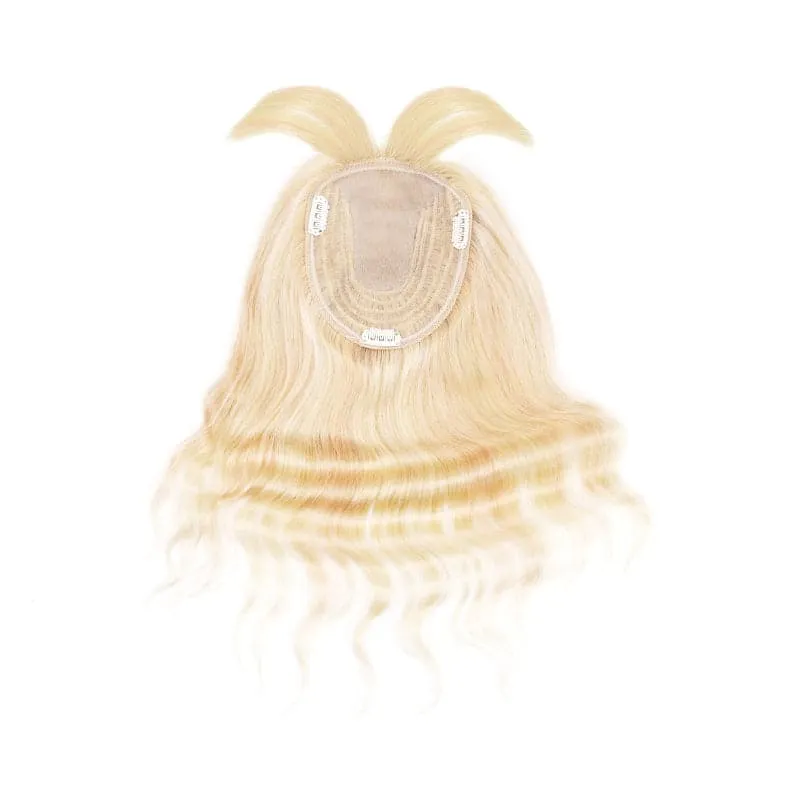 Wavy Human Hair Topper With Bangs Blonde Highlights 13*15cm Silk Base
