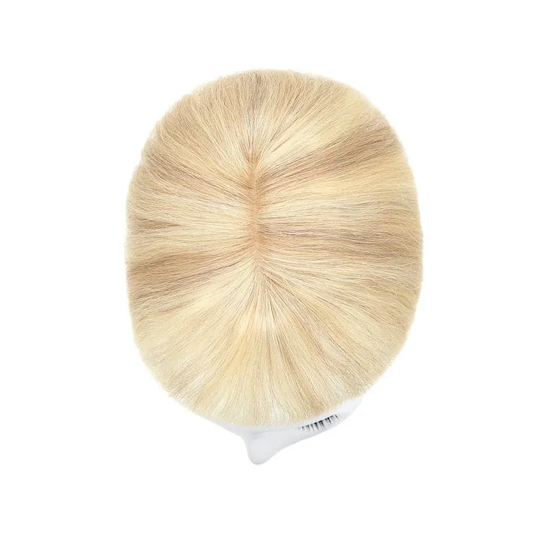 Wavy Human Hair Topper With Bangs Blonde Highlights 13*15cm Silk Base