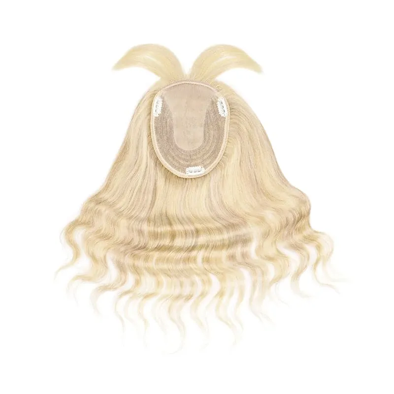 Wavy Human Hair Topper With Bangs Bronde Highlights 13*15cm Silk Base