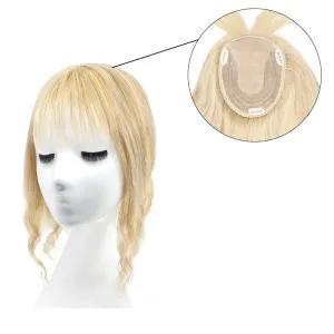 Wavy Human Hair Topper With Bangs Bronde Highlights 13*15cm Silk Base