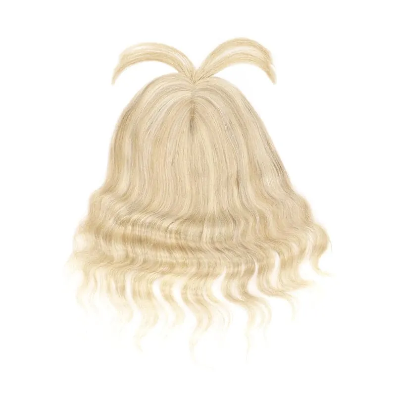 Wavy Human Hair Topper With Bangs Bronde Highlights 13*15cm Silk Base