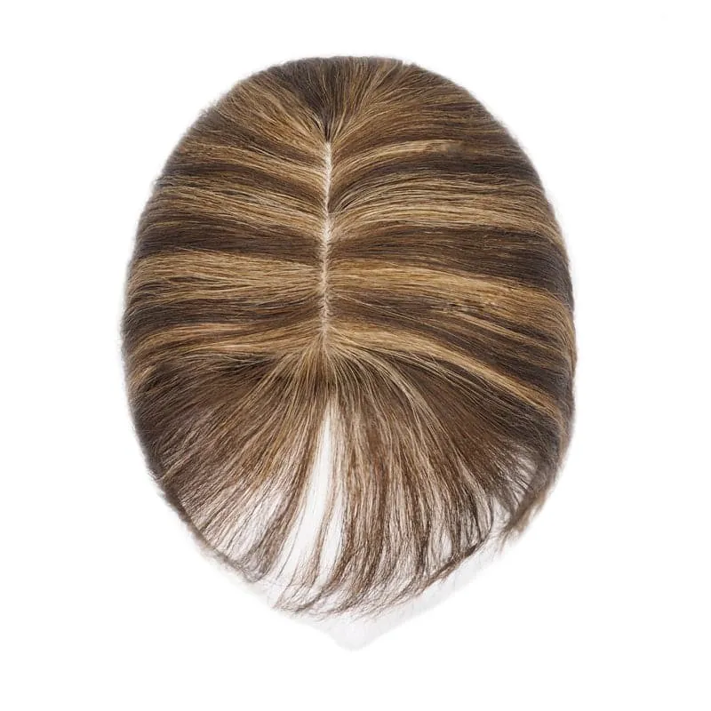 Wavy Human Hair Topper With Bangs Caramel Highlights 13*15cm Silk Base
