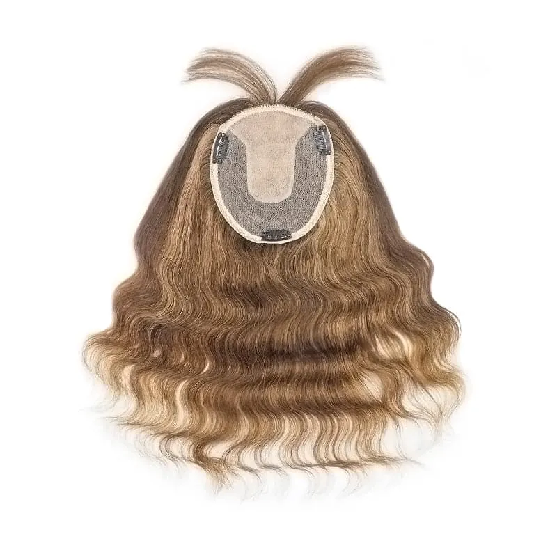 Wavy Human Hair Topper With Bangs Caramel Highlights 13*15cm Silk Base