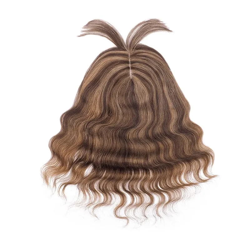 Wavy Human Hair Topper With Bangs Caramel Highlights 13*15cm Silk Base