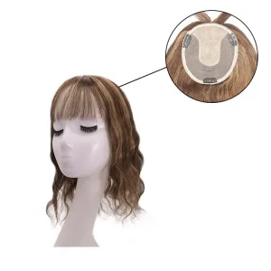 Wavy Human Hair Topper With Bangs Caramel Highlights 13*15cm Silk Base