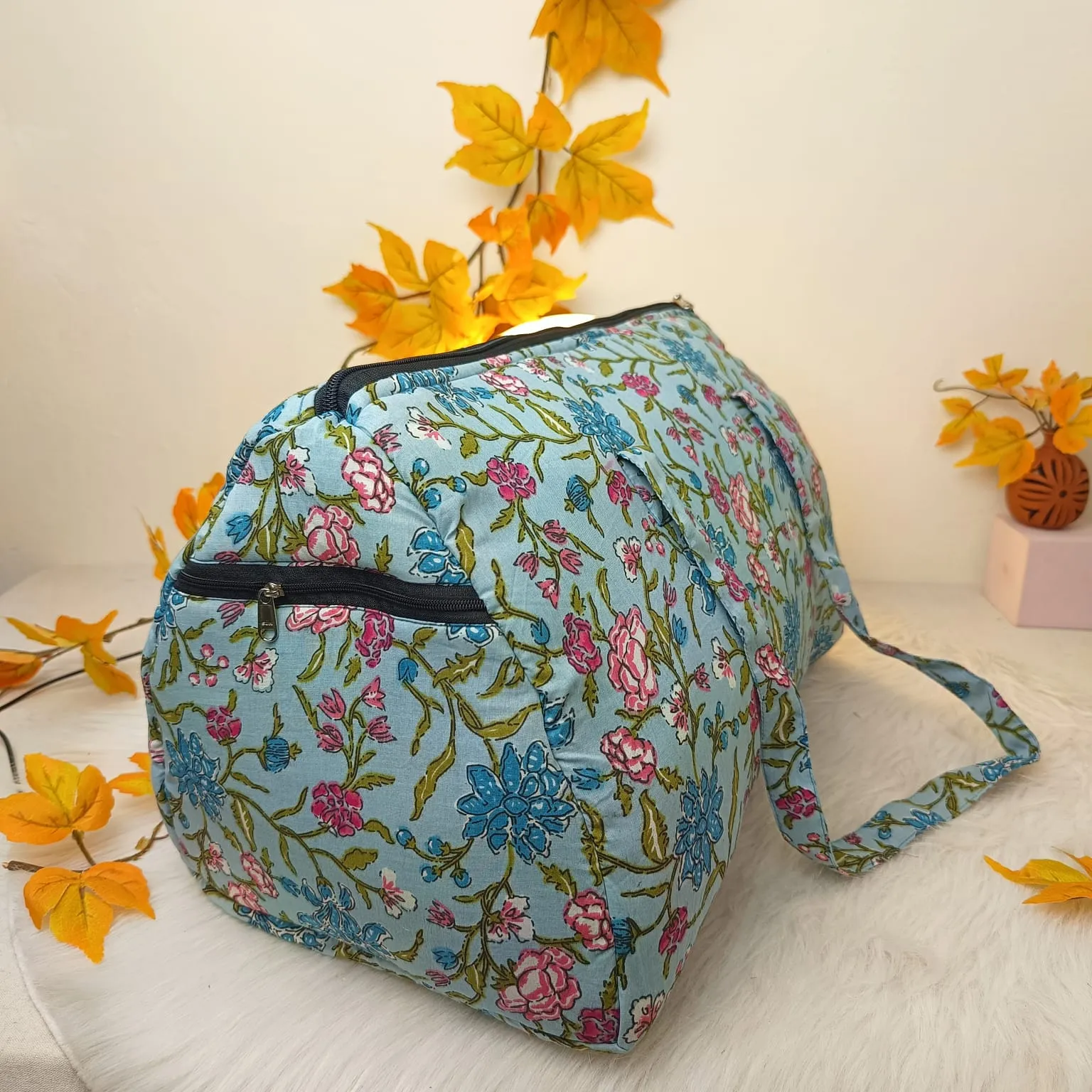 Weekender Travel Bag Blue With Pink Botanical Design.