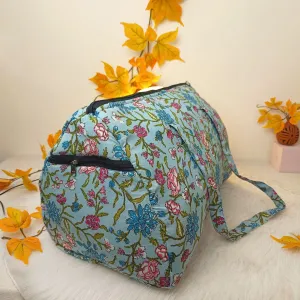 Weekender Travel Bag Blue With Pink Botanical Design.