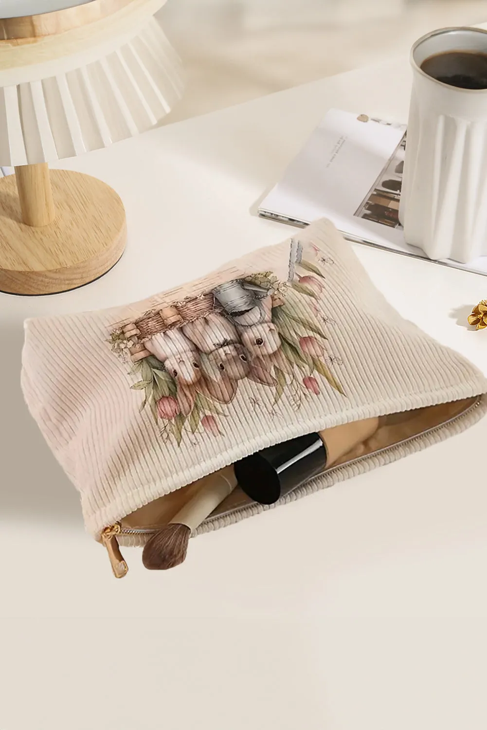 White Eater Bunny Print Corduroy Zipper Cosmetic Bag
