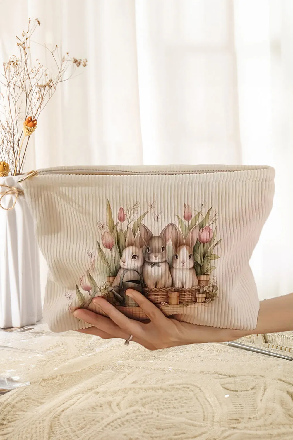 White Eater Bunny Print Corduroy Zipper Cosmetic Bag