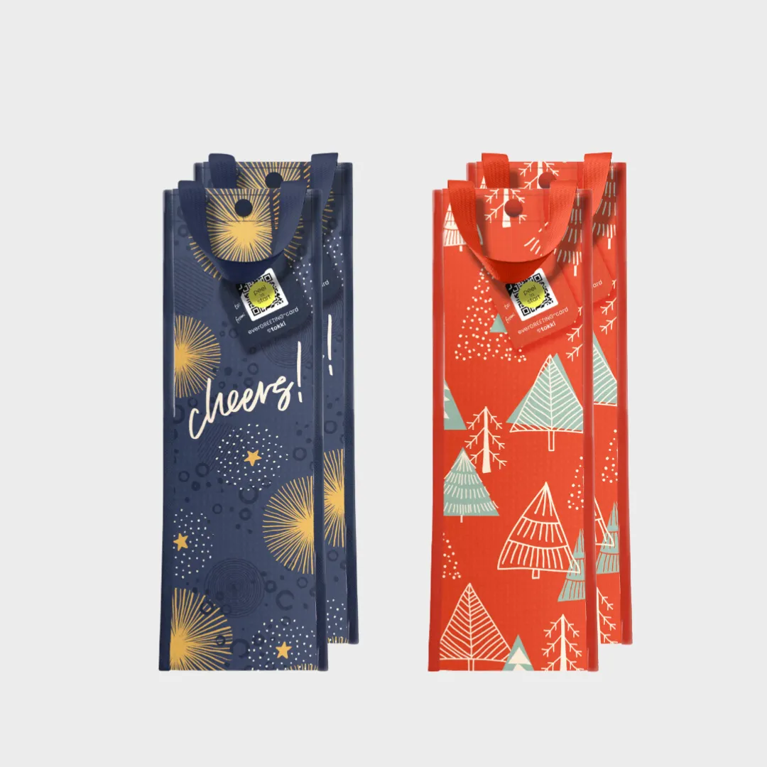 Wine Holiday Bundle | Reusable Gift Bag   QR Greeting Card | Cheers and Festive Forest