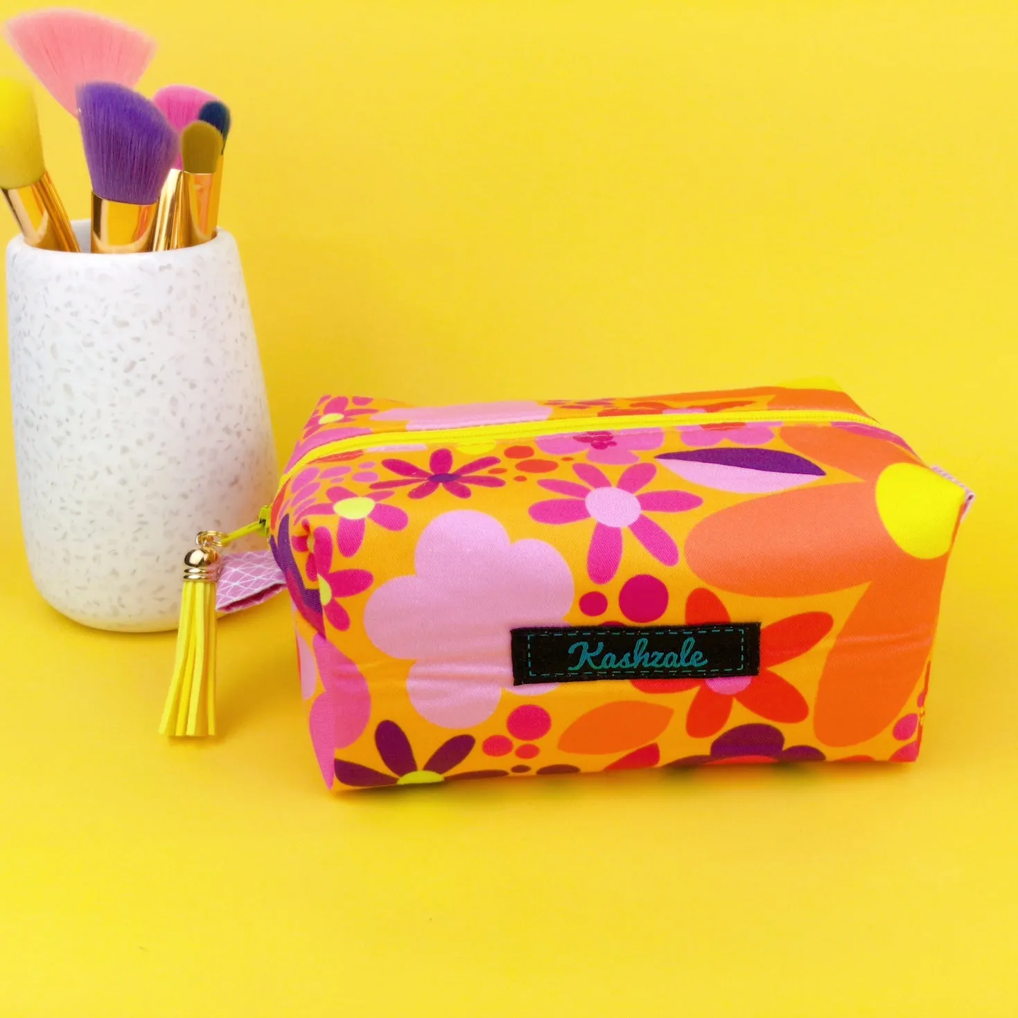Yellow Flower Patch Medium Box Makeup Bag. Kasey Rainbow Design.