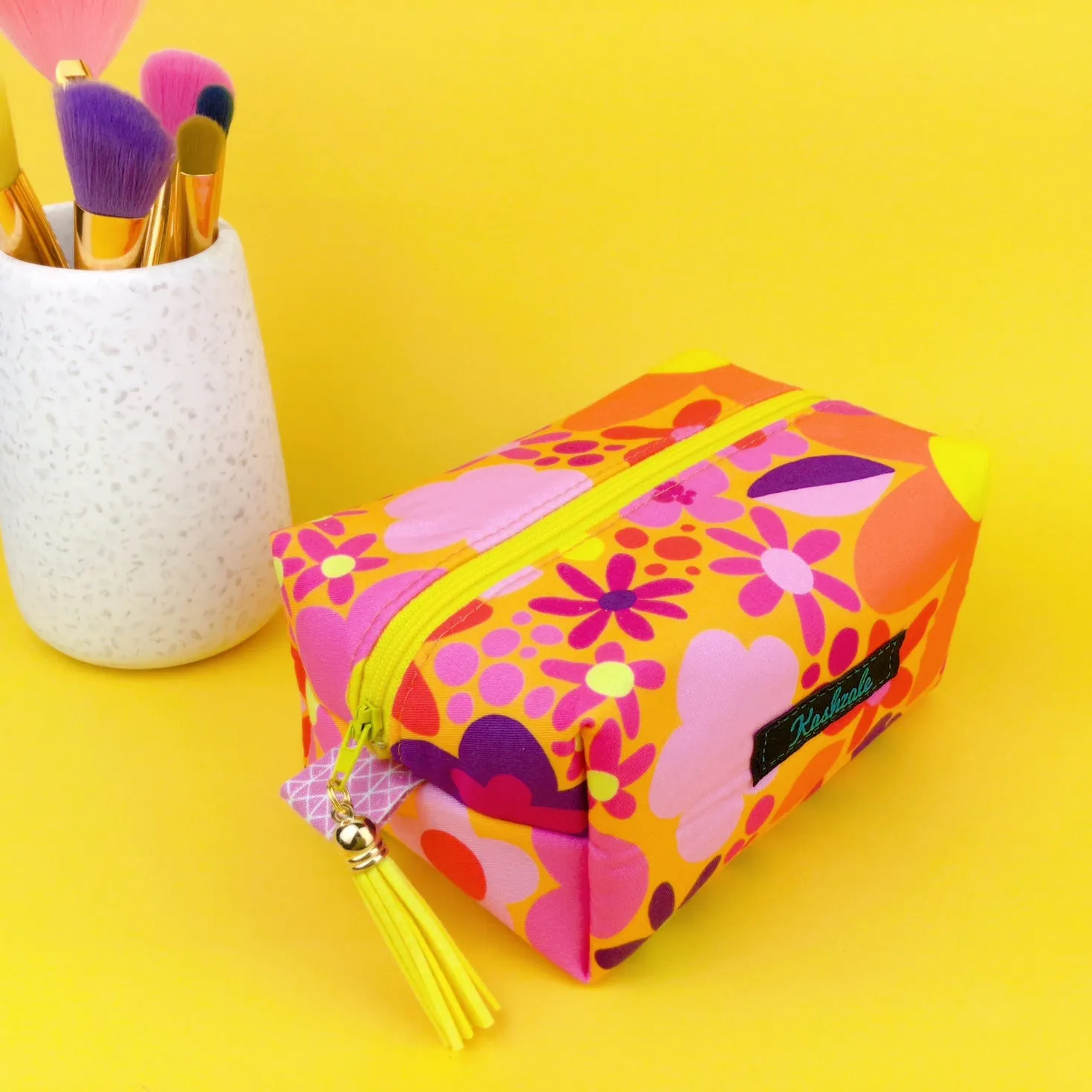 Yellow Flower Patch Medium Box Makeup Bag. Kasey Rainbow Design.