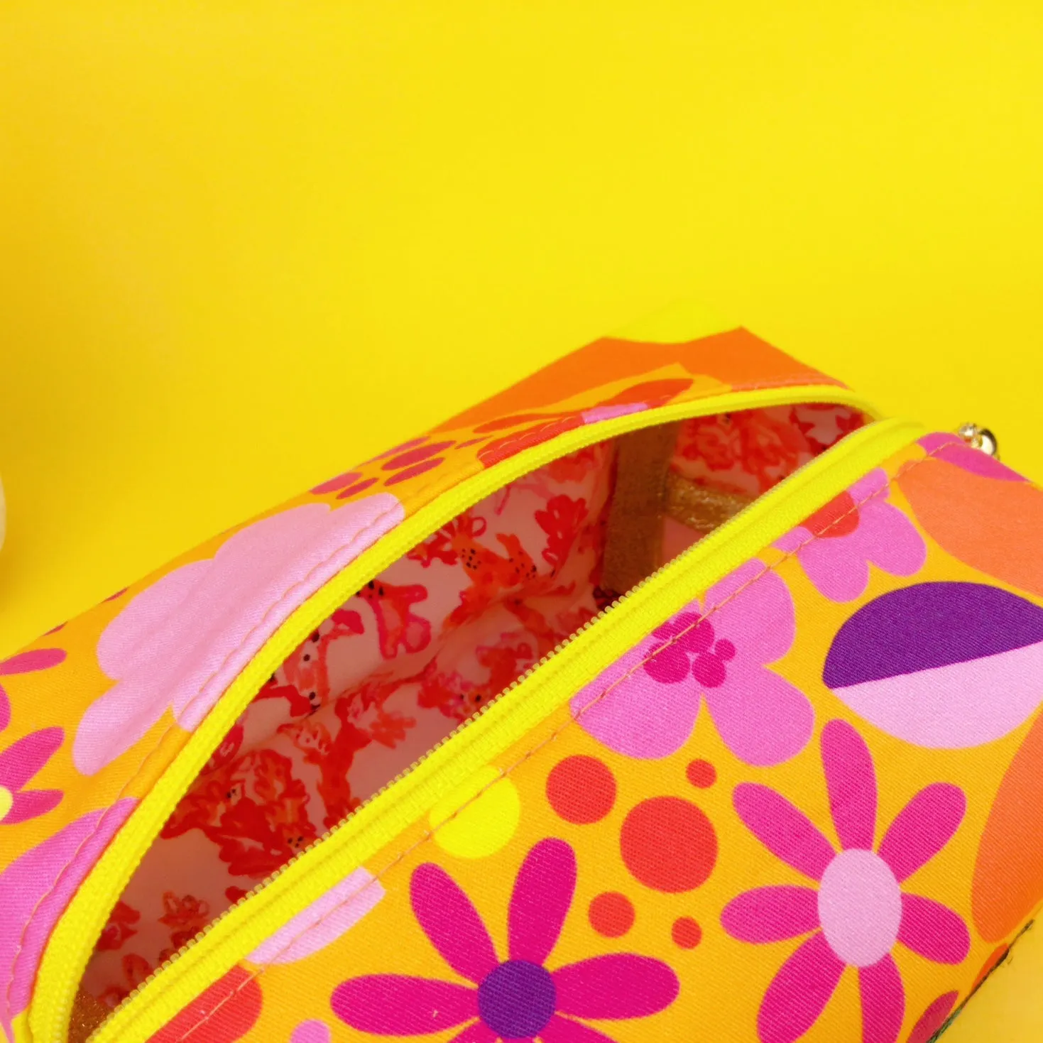 Yellow Flower Patch Medium Box Makeup Bag. Kasey Rainbow Design.