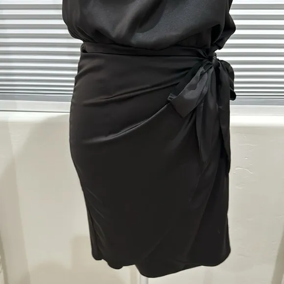 Zesica Black Silky Sleeveless Faux Wrap Mock Turtleneck Dress