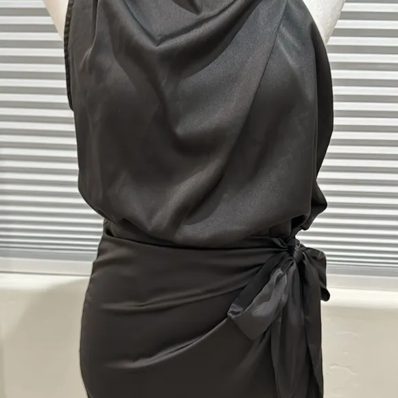 Zesica Black Silky Sleeveless Faux Wrap Mock Turtleneck Dress