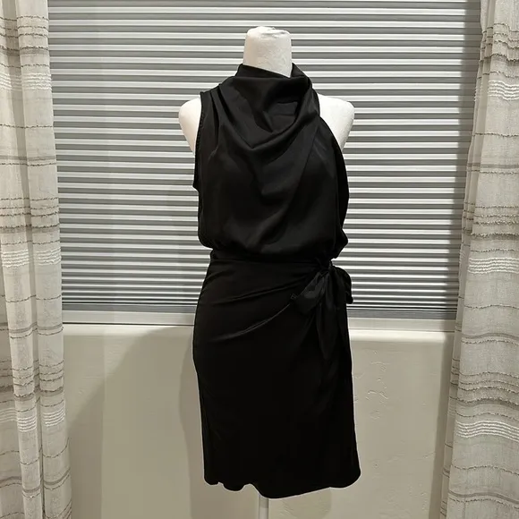 Zesica Black Silky Sleeveless Faux Wrap Mock Turtleneck Dress