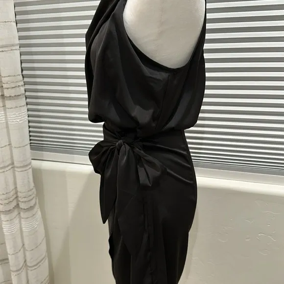 Zesica Black Silky Sleeveless Faux Wrap Mock Turtleneck Dress