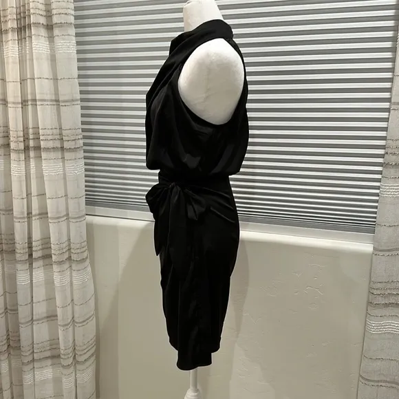 Zesica Black Silky Sleeveless Faux Wrap Mock Turtleneck Dress