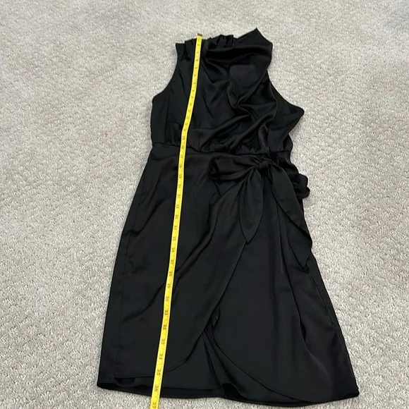 Zesica Black Silky Sleeveless Faux Wrap Mock Turtleneck Dress