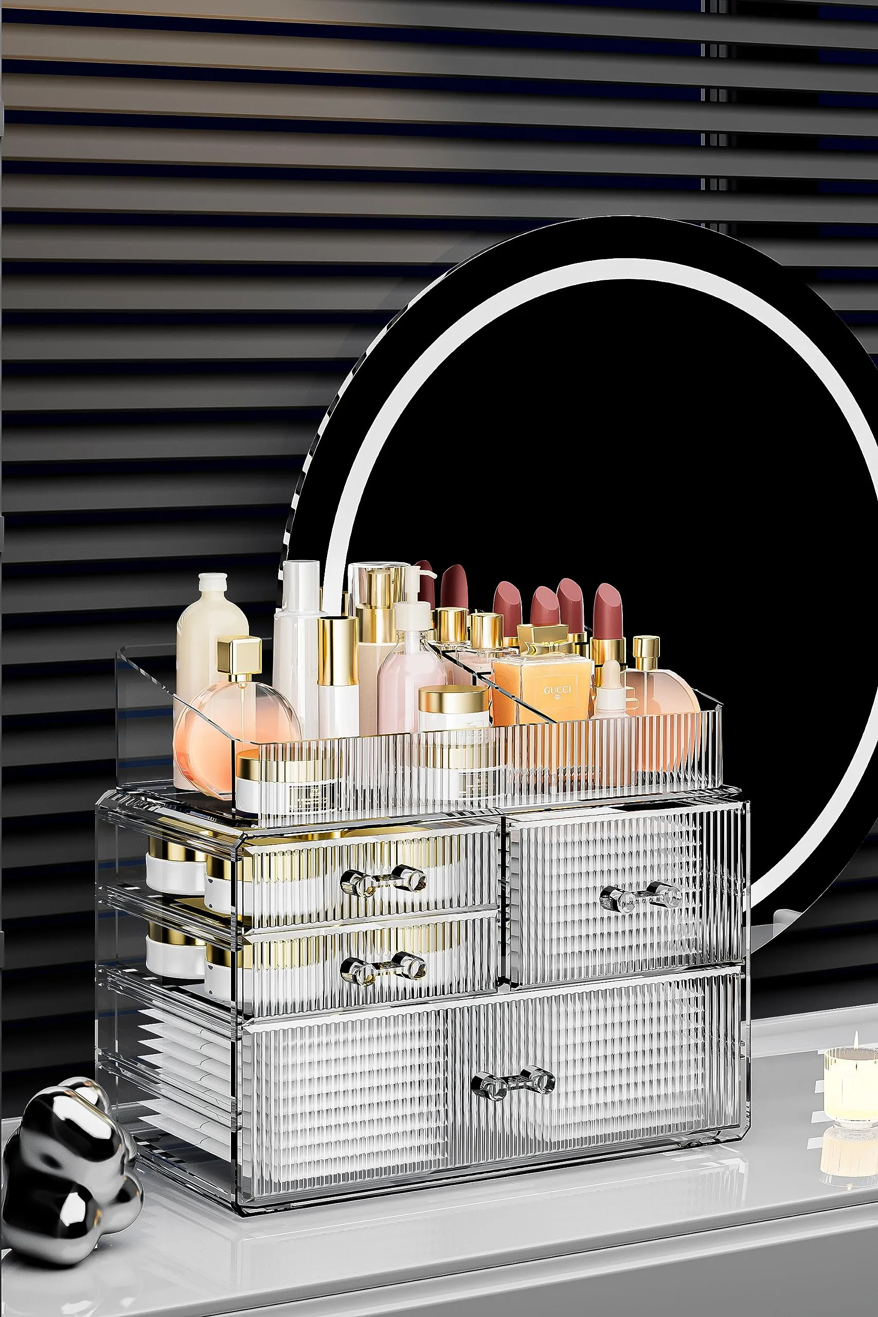 ZHIAI Stackable Storage Drawer, Acrylic Organizer, Cosmetic Organizer for Dresser, Vanity, Kitchen Cabinet, Bathroom, Under Sink, Home Organization and Storage (1 Top 3 Drawers)